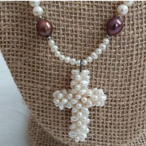Freshwater Pearl Cross Pendant Necklace